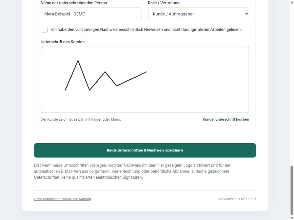 Echter Screenshot: Kundenunterschrift in der ServicePilot-Demo, aufgenommen im Tabletformat